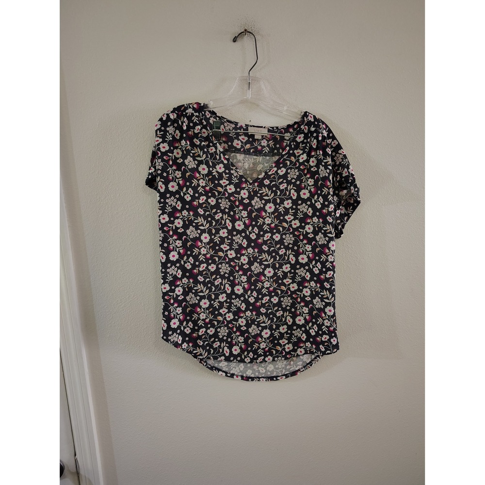 Loft Outlet Womens Navy Blue Floral V-Neck Short Sleeve Blouse Top Small